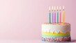 © TA Design - A colorful birthday cake with rainbow layers, topped with sprinkles and six lit candles, set against a soft pink background.