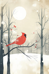 Winter creative illustration with cardinal bird. Beautiful winter scenery, blue and white colors. Snowy landscape, snowcapped trees. Holiday Poster and greeting card.