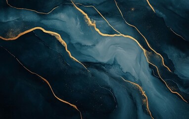 Wall Mural - Abstract fluid art featuring dark blues and gold accents, evoking elegance and depth.