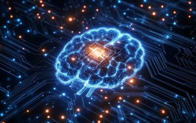 Aufkleber - A digital brain illuminated by circuitry, symbolizing artificial intelligence and technology.
