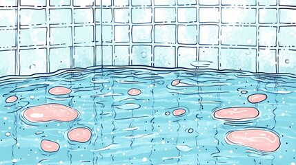 A stylized illustration of a pool with pink floating objects and tiled walls.