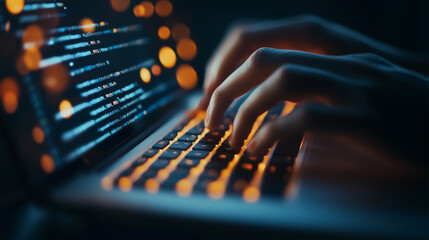 Wall Mural - a person is typing on a laptop in front of a potted plant. the laptop is open and the person's hands