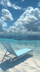 Poster - A blue lounge chair is sitting on the beach next to the ocean