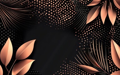 Wall Mural - A stylish graphic design featuring dark background with rose gold leaves and dotted patterns.