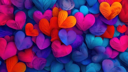 Poster -   A heart-shaped collection of vibrant hearts on various blue, pink, red, and purple backgrounds