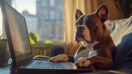 Dog relaxing next to owner while they use the computer at home