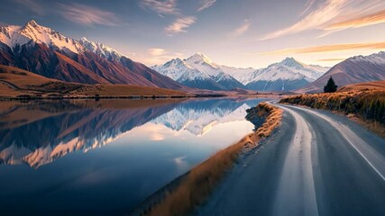 Aufkleber - A beautiful sunset over a lake with a road in the background.