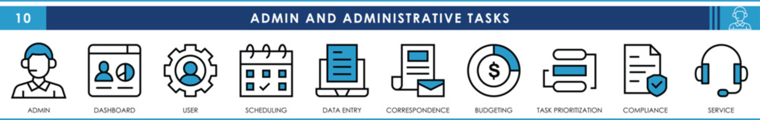 Fototapete - A set of line icons related to admin and administrative tasks. Admin, dashboard, user, scheduling, data entry, budgeting, compliance, and so on. Vector editable stroke.