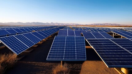 Large array of solar panels in a desert environment under clear blue sky with distant mountains in the background, representing renewable energy and sustainable technology.