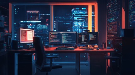Inside a dimly lit workspace, the workstations of programmers