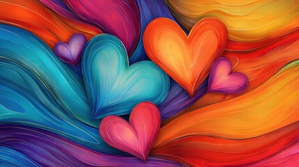 Poster -  A painting featuring multicolored hearts arranged in a pattern of red, orange, blue, yellow, pink, and green shapes, with one large heart at the center
