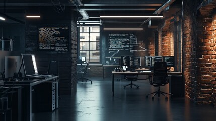 Inside a dimly lit workspace, the workstations of programmers