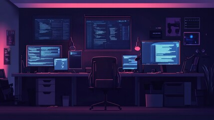 Inside a dimly lit workspace, the workstations of programmers