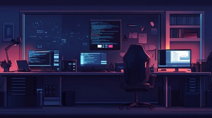 Inside a dimly lit workspace, the workstations of programmers