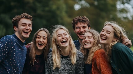 A group of six young adults laugh together outdoors.