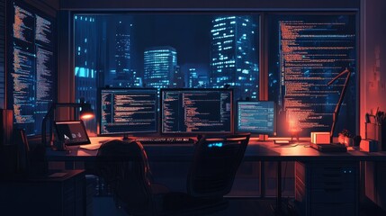Inside a dimly lit workspace, the workstations of programmers