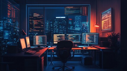 Inside a dimly lit workspace, the workstations of programmers
