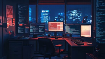 Inside a dimly lit workspace, the workstations of programmers