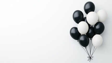 Sticker - Black and white helium balloons tied together with ribbons on a white background, creating a minimalist and modern design aesthetic.