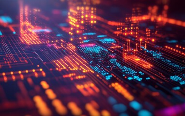 Aufkleber - Abstract digital landscape featuring vibrant circuitry and data visualizations.