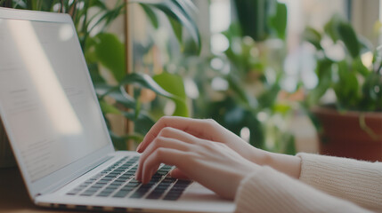 Wall Mural - a person is typing on a laptop in front of a potted plant. the laptop is open and the person's hands