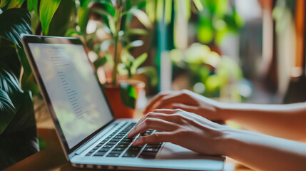 Wall Mural - a person is typing on a laptop in front of a potted plant. the laptop is open and the person's hands