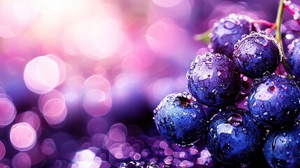 Poster -   A sharp focus on a cluster of grapes, featuring water droplets, while the background remains blurry