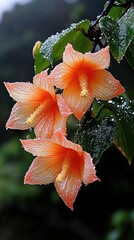   Two orange flowers with water droplets and a leafy tree background