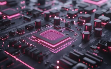 Poster - A close-up view of a circuit board with glowing components, illustrating technology and innovation.