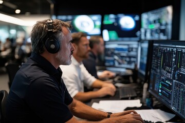 Weather analysts in a high-tech control room monitor storm developments, paying close attention to the changes and assessing possible impacts on affected regions.