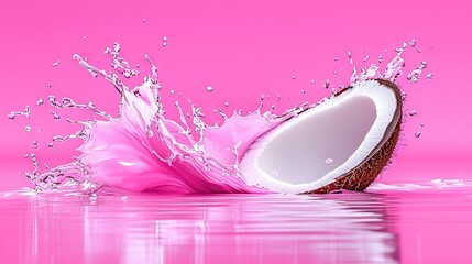   A pink background with water splashing from a coconut