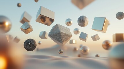 Poster - floating metallic shapes in an ethereal ambiance at sunrise, creating an intriguing visual experienc