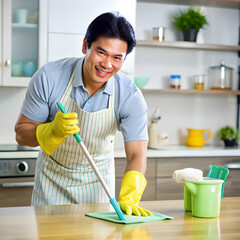 Asian man smiling and happily cleaning kitchen counter.