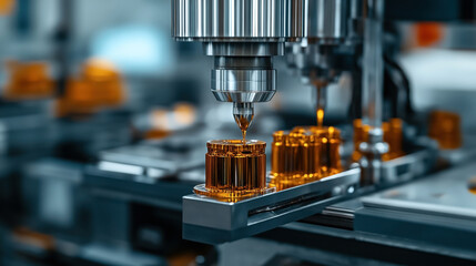 Canvas Print - Close-up of a CNC machining process with a drill cutting into metal parts on an assembly line in a factory setting, showing precision engineering and manufacturing.