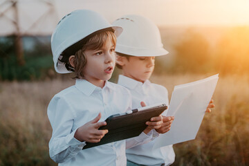 little kids playing as engineers or managers with safety helmets, using tablet. electrical industry 