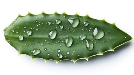 Poster - Close-up of a green aloe vera leaf with water droplets, isolated on a white background.