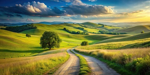 Sunny summer landscape with rolling hills and winding path reflected in a serene lake