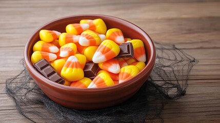 Bowl of candy corn and mini chocolate bars on a spider web cloth, Halloween candy nostalgia, concept