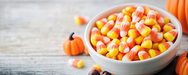 Bowl of candy corn and mini chocolates with tiny pumpkins, Halloween candy ambiance, concept