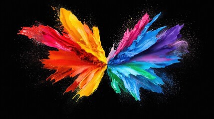 Poster -   Multicolored butterfly on black backdrop with splashed paint from wings