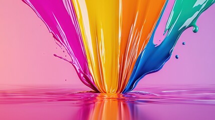 Poster -   A vivid liquid splashes onto a mixed pink-blue surface, reflecting on the ground below