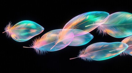 Poster -   Close-up of feathers on black background with blue sky and pink, green feathers on left side
