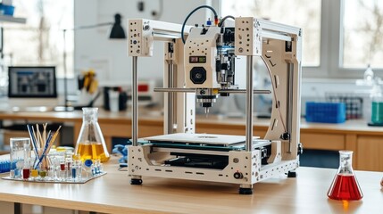 Poster - A futuristic 3D printer at work in a sleek lab, with test tubes, beakers, and a digital display panel. No logos.