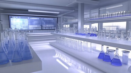 Poster - A high-tech lab showcasing a 3D printer, digital display, and beakers filled with colorful liquids, sleek and modern environment.