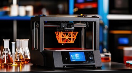 Poster - A high-tech laboratory showcasing a 3D printer at work, surrounded by beakers, test tubes, and a digital display.