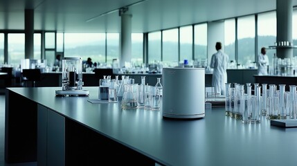 Poster - A modern lab showcasing a 3D printer, with a digital display and advanced beakers on the workbench. No logos.