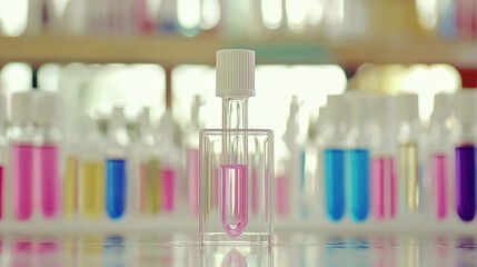 Poster - Cutting-edge 3D printer in a lab environment, with digital screens and colorful test tubes arranged around.