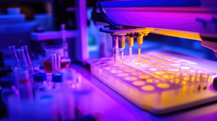 Poster - Cutting-edge 3D printer in a lab setting, surrounded by test tubes and beakers, digital display on a nearby screen.