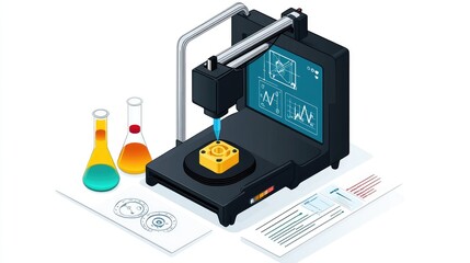 Poster - Cutting-edge lab with a 3D printer creating objects, digital screens showing data, and colorful beakers nearby.