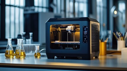 Poster - High-tech lab featuring a 3D printer and digital control panel with beakers and test tubes arranged neatly. No logos.